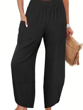 Smocked Waist Wide-Leg Pocket Pants - Black
